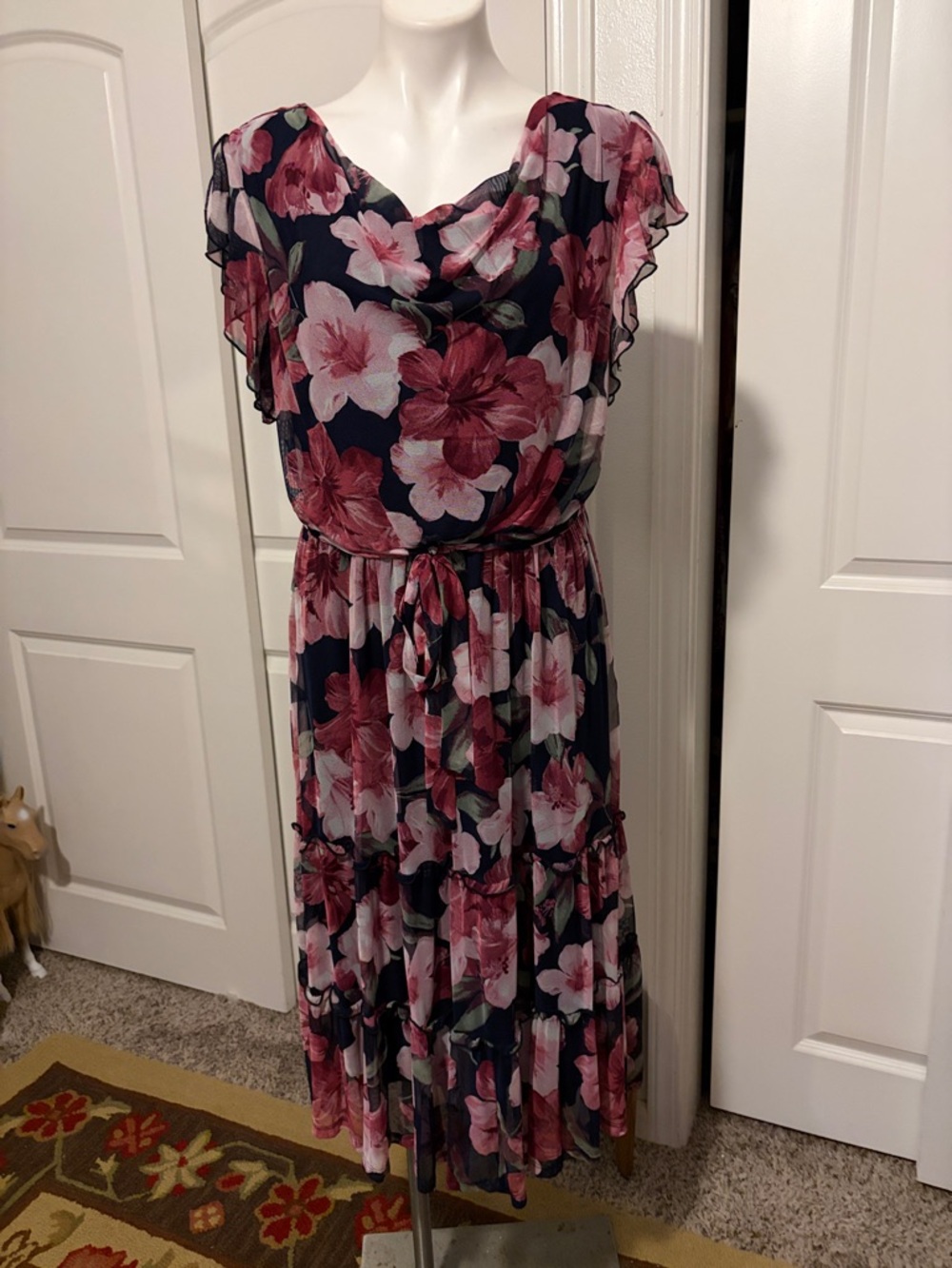 Navy Floral Maxi Dress with Pink Blooms and Tie Waist
